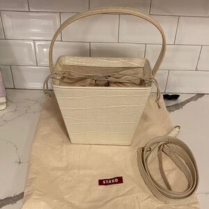 STAUD Ivory Croc-Embossed Shoulder Bag